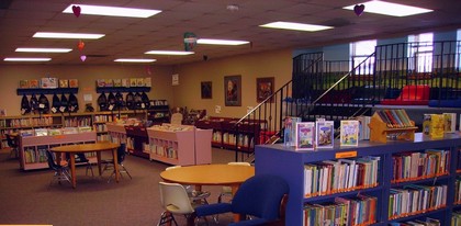 library shelves with books